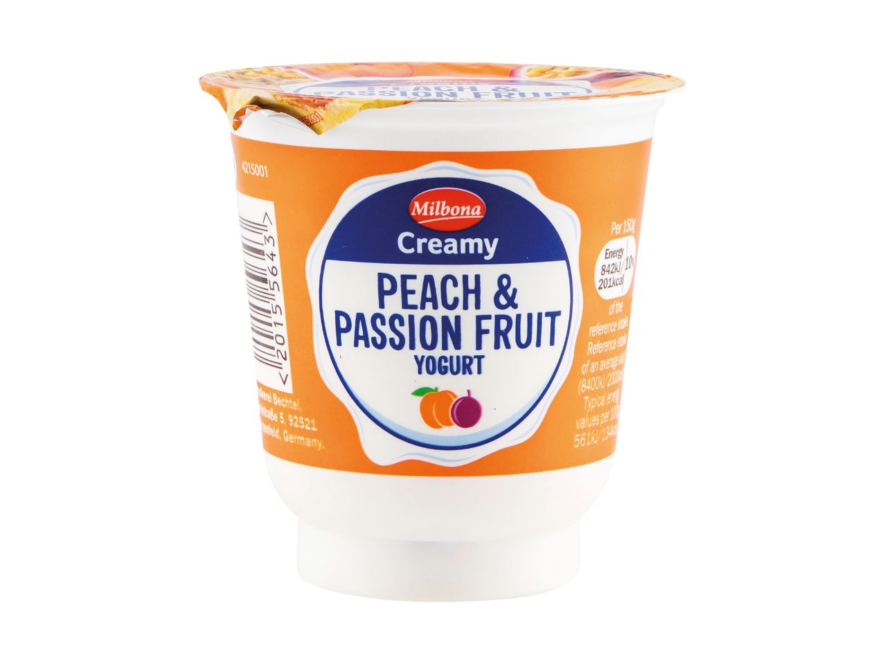 Creamy peach and passion fruit yogurt cup with nutritional information.