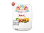 Salad with chicken, corn, and pickles, with nutritional information and weight.