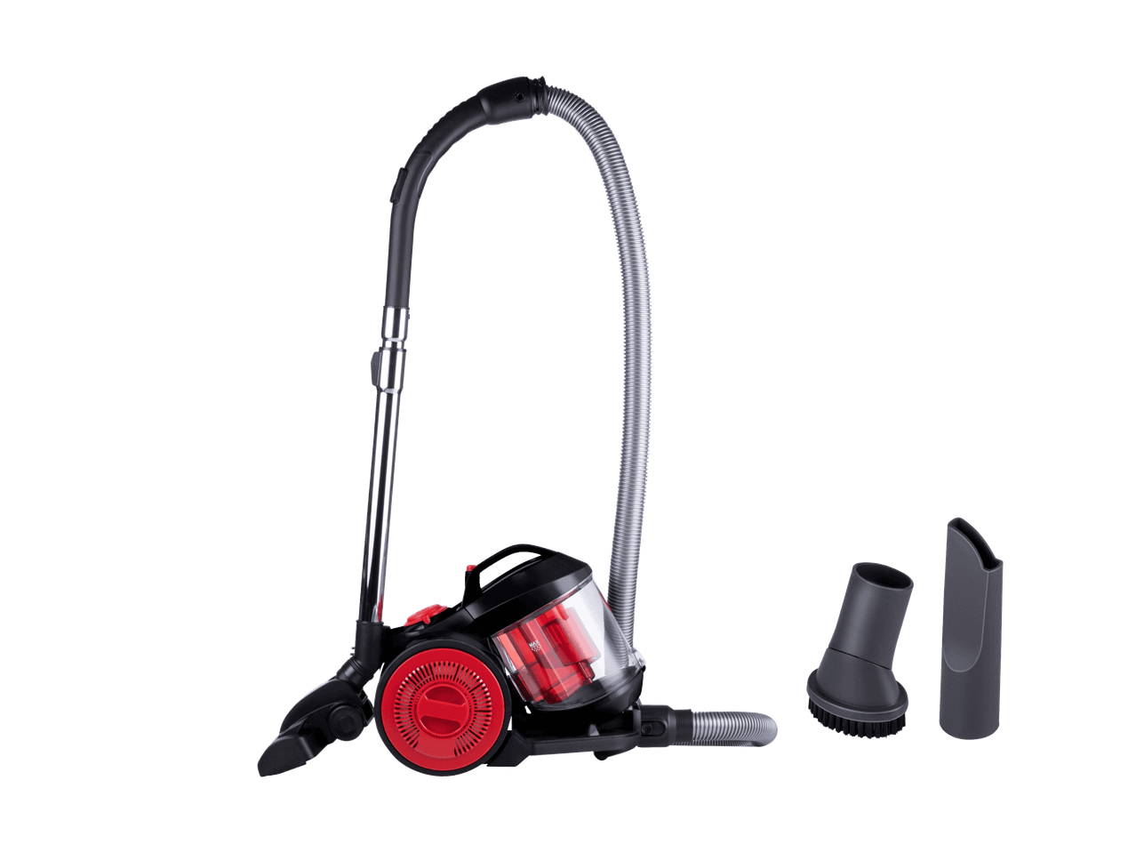 Aspirapolvere rosso e nero con accessori su sfondo nero