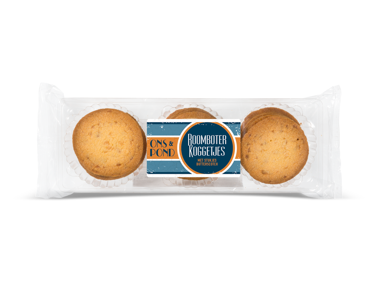 Verpakking met roomboterkoekjes met stukjes butterscotch.