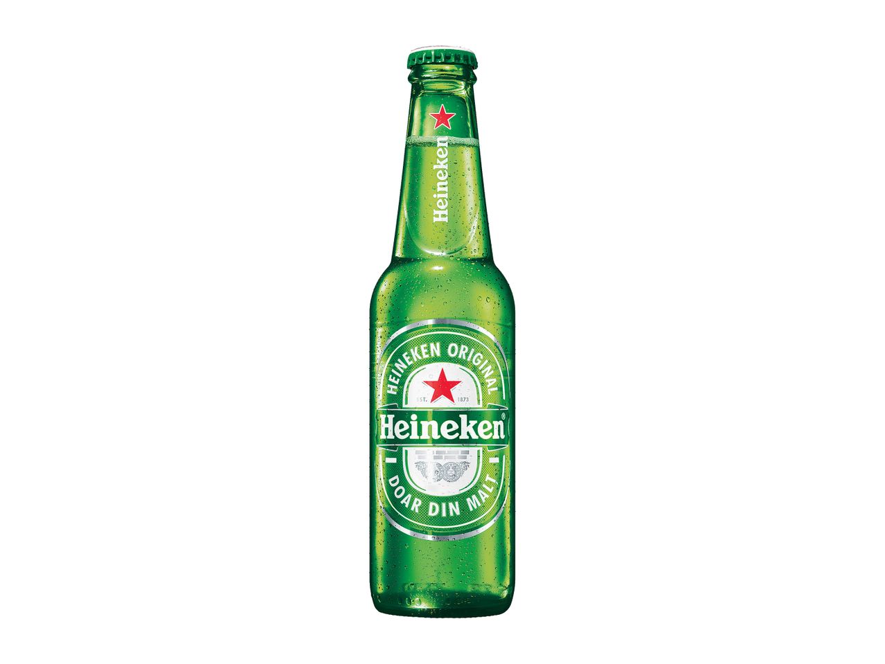 Sticla de bere Heineken rece, cu picături de condens pe sticlă.
