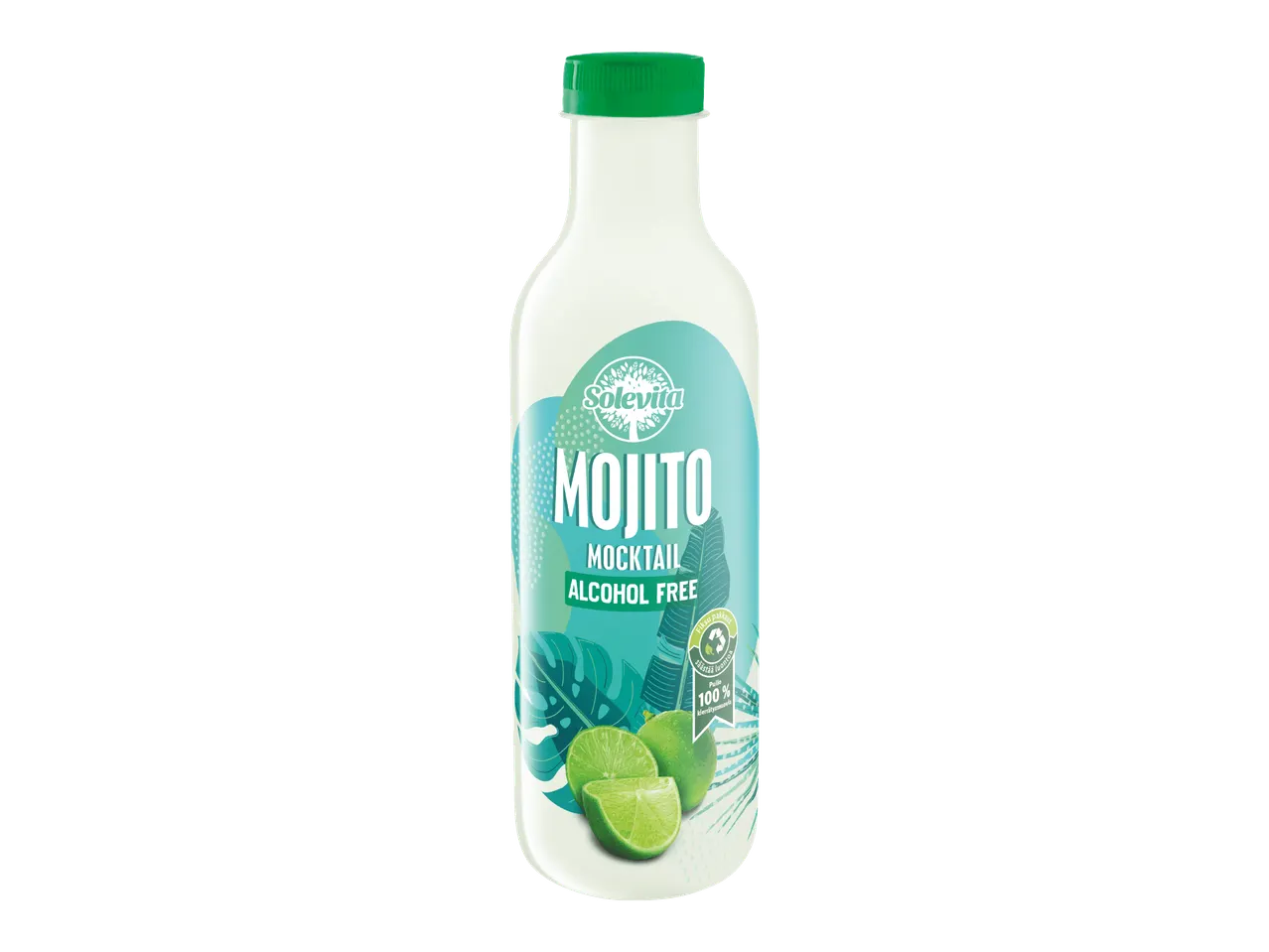 Valkoinen pullo alkoholitonta mojito-mocktailia, jossa on vihreä korkki ja etiketti.