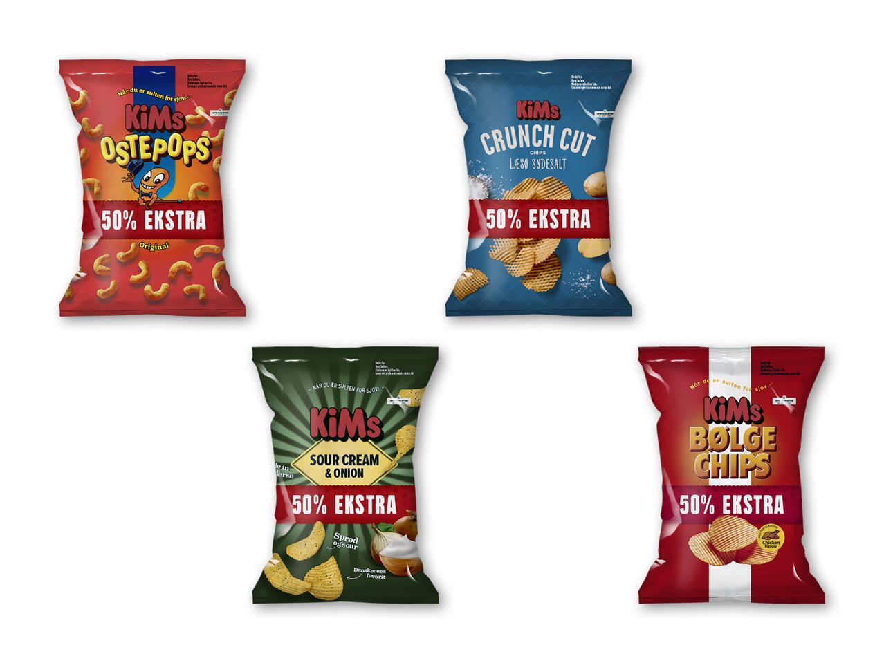 Fire poser KiMs chips: Ostepops, Crunch Cut, Sour Cream & Onion og Bølge Chips.