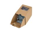 Cardboard box with a clear window, filled with silver Chipboard Screws.