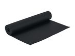 A black yoga mat, partially rolled up, on a white background