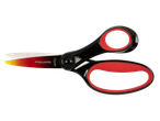 Fiskars škarje z rdečimi ročaji in prehodnim rezilom.