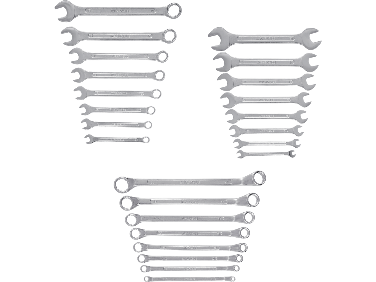 En uppsättning kombinationsnycklar i olika storlekar, från 6 till 22 mm, arrangerade på en svart bakgrund.