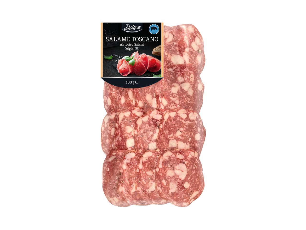 Pack of sliced air-dried salami with a label showing product details and a serving suggestion.
