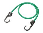 A green bungee cord with metal hooks.