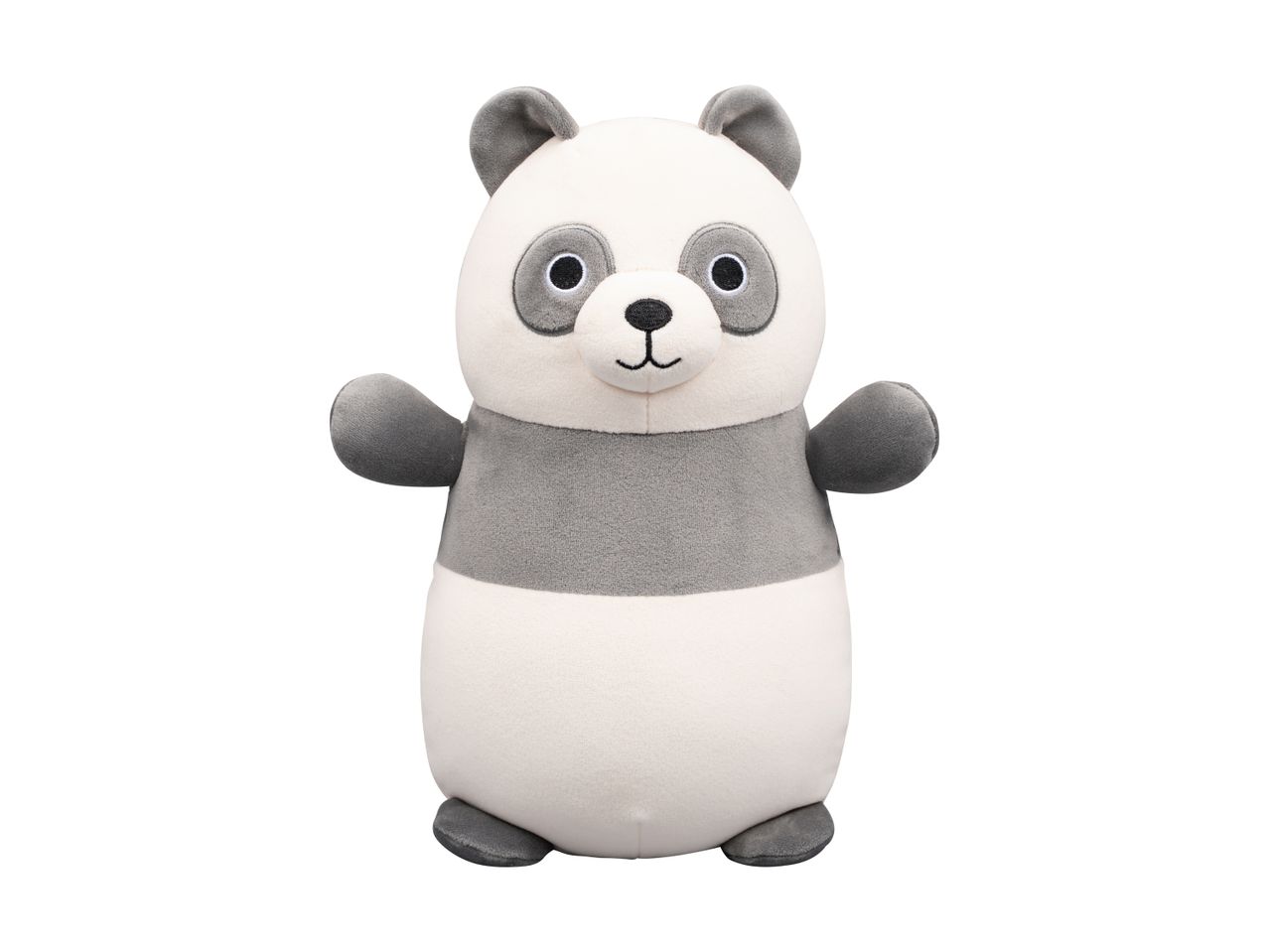 A soft, plush panda toy with white and grey fur, black eyes, and a friendly embroidered smile.