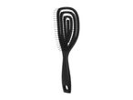 Black hairbrush with a flexible, spiral-shaped head and a handle with a hanging hole.