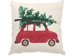 Декоративна възглавница с щампа на червена кола, превозваща коледно дърво