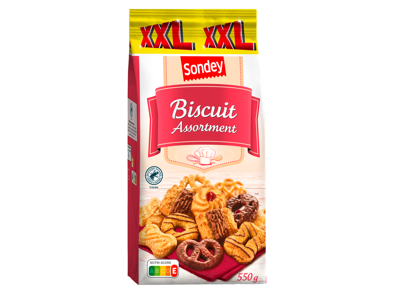 Sondey XXL Sortido de Biscoitos, 550g, com vários biscoitos e bolachas cobertas de chocolate.