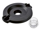 Black food processor lid with a transparent measuring cup