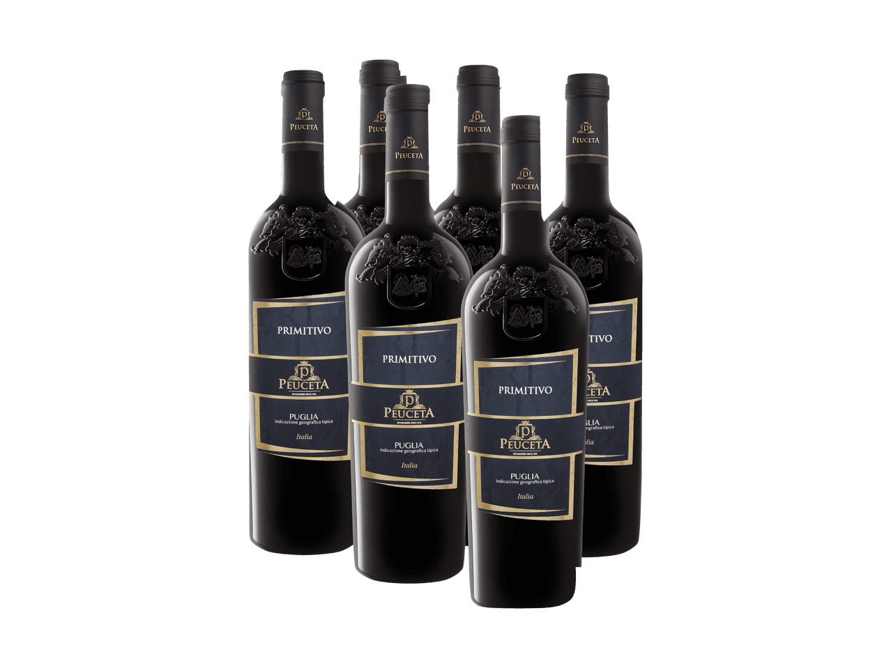 Sechs Flaschen Peuceta Primitivo Rotwein auf schwarzem Hintergrund.