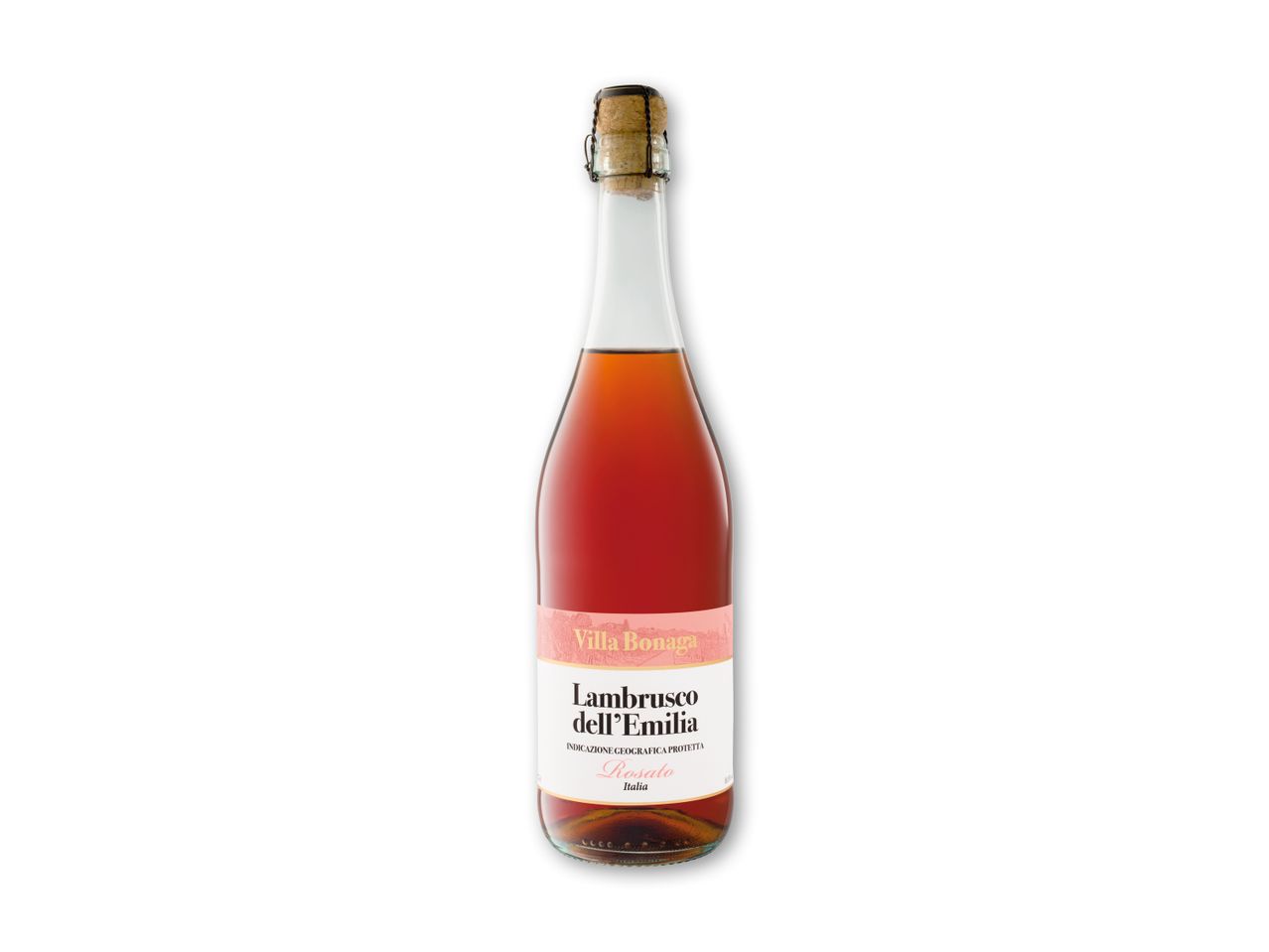 En flaske Villa Bonaga Lambrusco dell'Emilia Rosato.