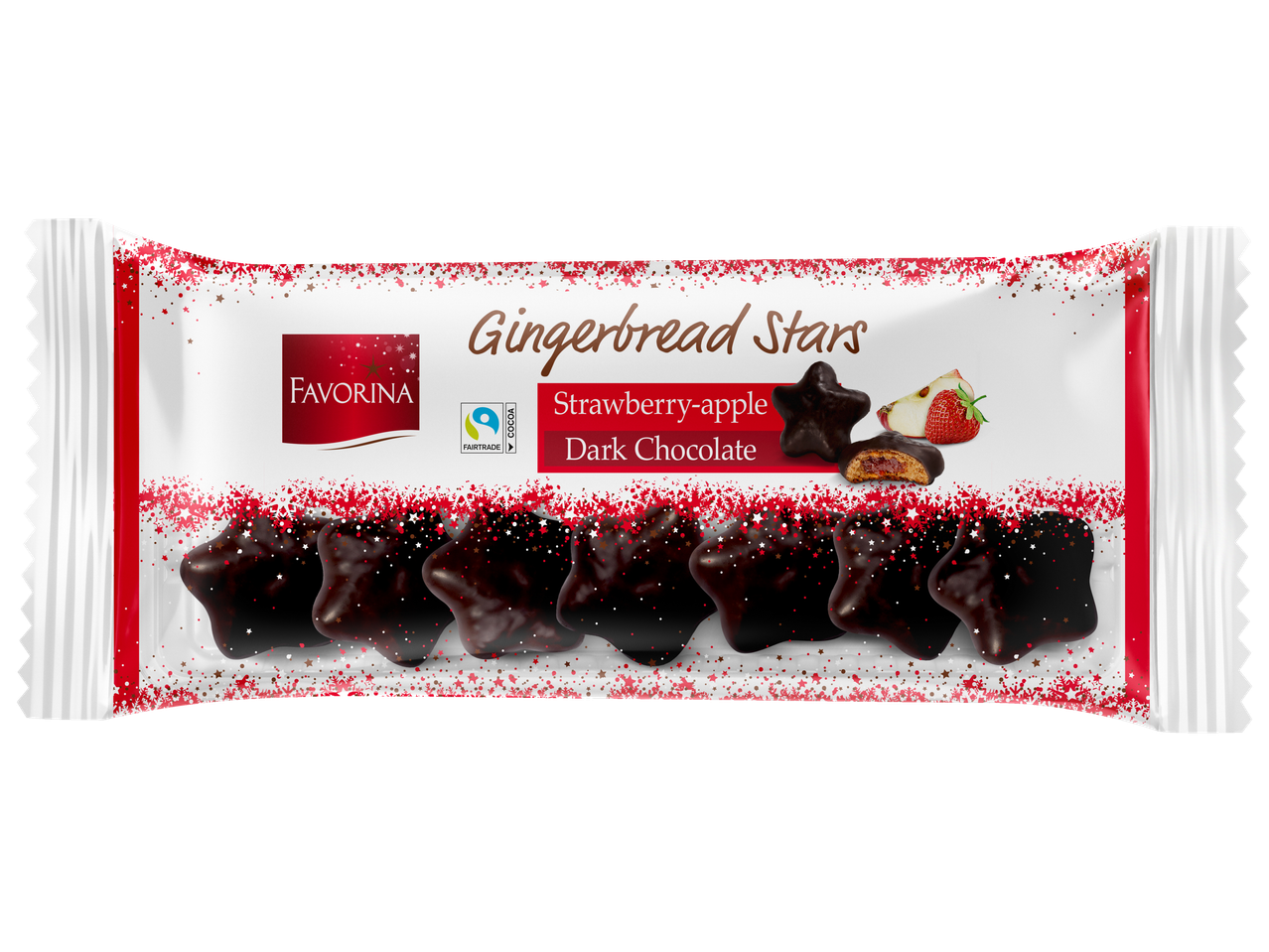 Favorina piparkoogitähed maasika-õunatäidisega tumedas šokolaadis.