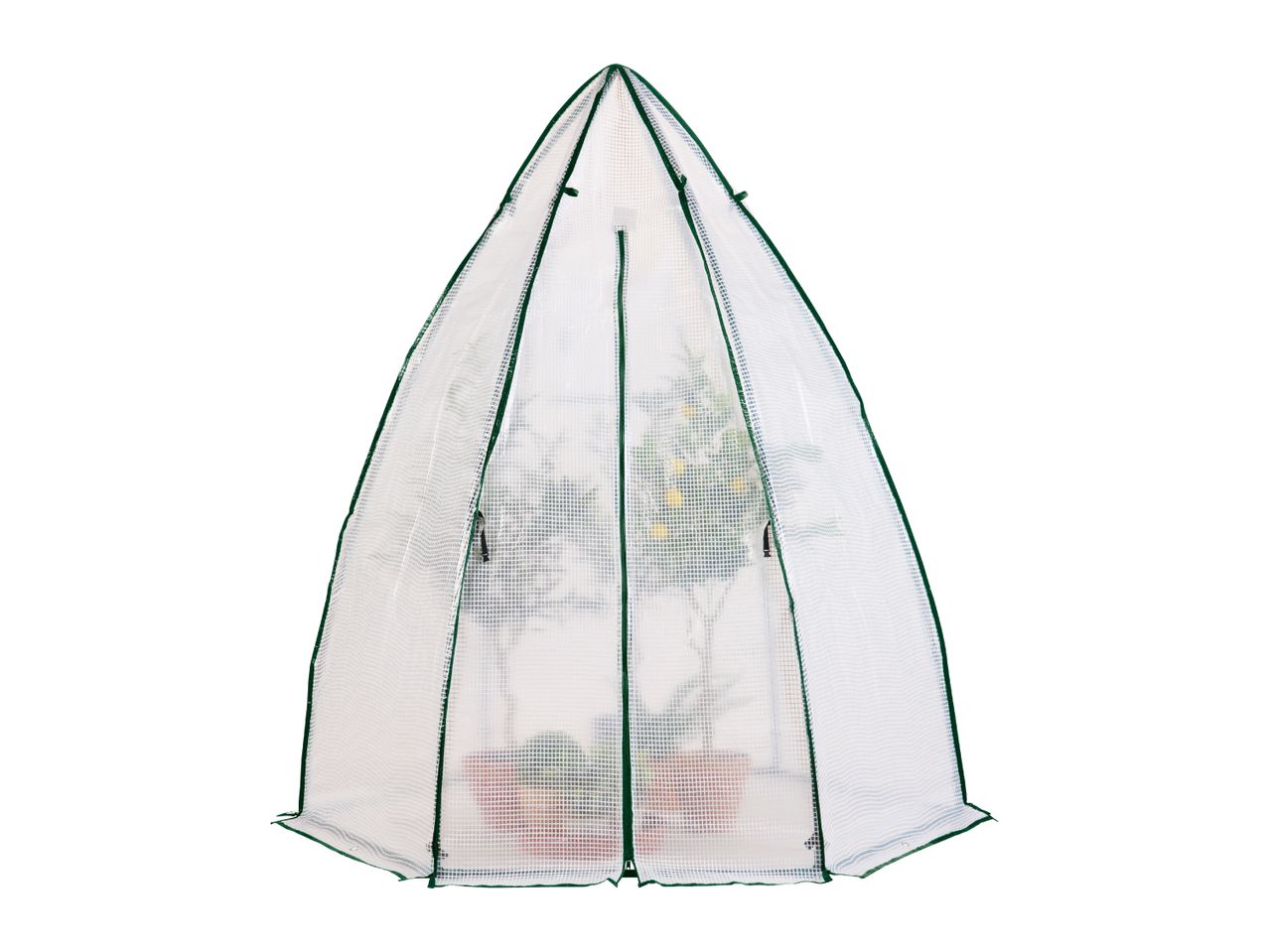 A tall, dome-shaped garden greenhouse cover with a zippered opening