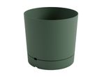 A dark green cylindrical planter with a drainage hole.