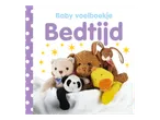 Baby voelboekje Bedtijd met knuffels en sterren op een witte deken.