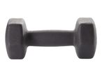 A black dumbbell with a textured surface