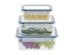 Stack of three clear food storage containers with cheese cubes, cucumber slices, and grapes.