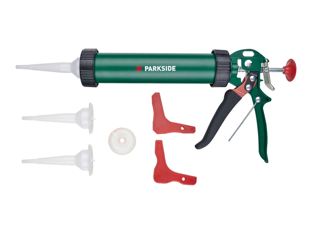 A green caulking gun with a red plunger and black handle, accompanied by several white nozzles and red shaping tools.