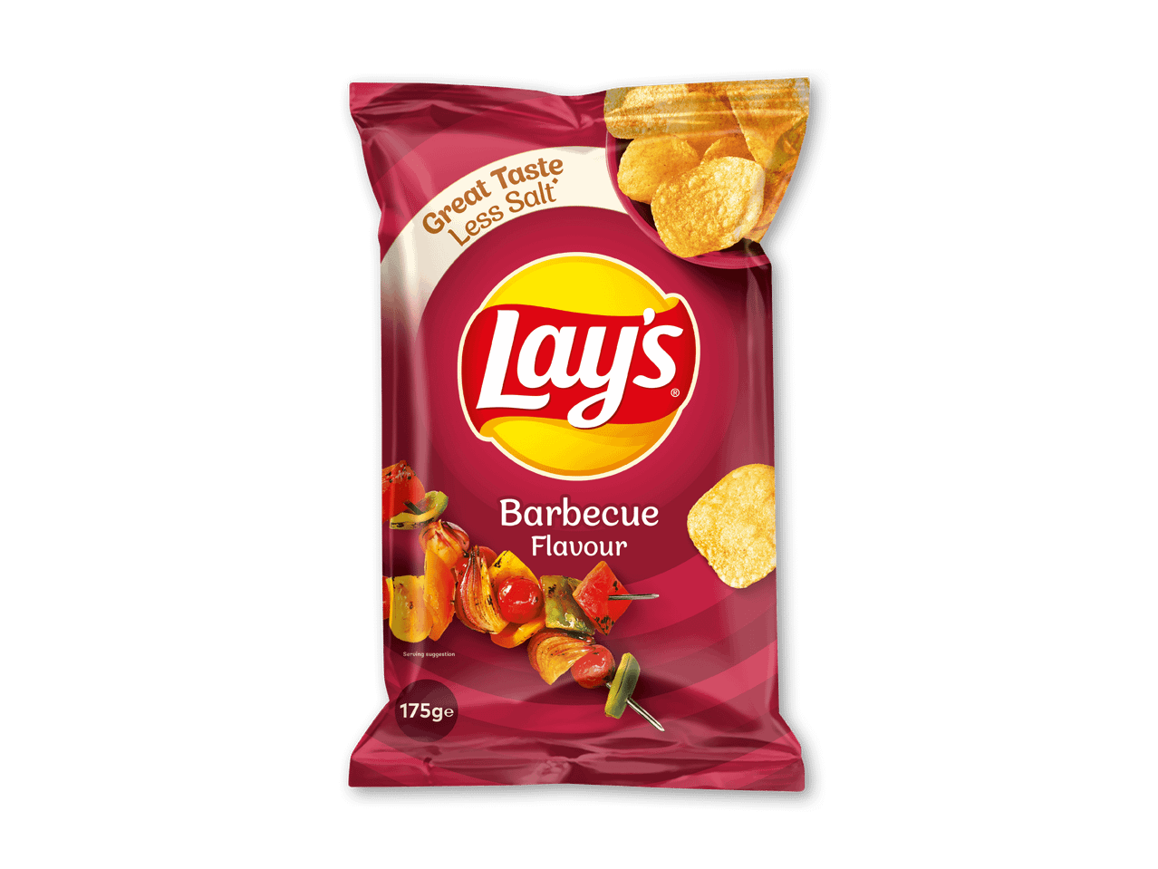 En pose barbecuechips med grøntsagsspyd og teksten 'Great Taste Less Salt'.