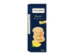 Blue box of lemon-filled cookies with a stack of cookies and a lemon wedge.