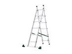 Silver aluminum multi-purpose ladder with green accents, standing in an A-frame configuration.