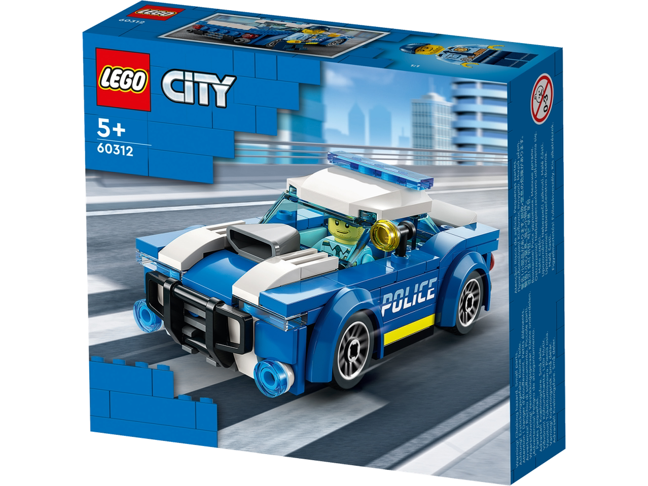 Cutie LEGO City cu o mașină de poliție albastră și un polițist.