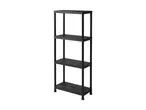 A black four-shelf metal shelving unit.
