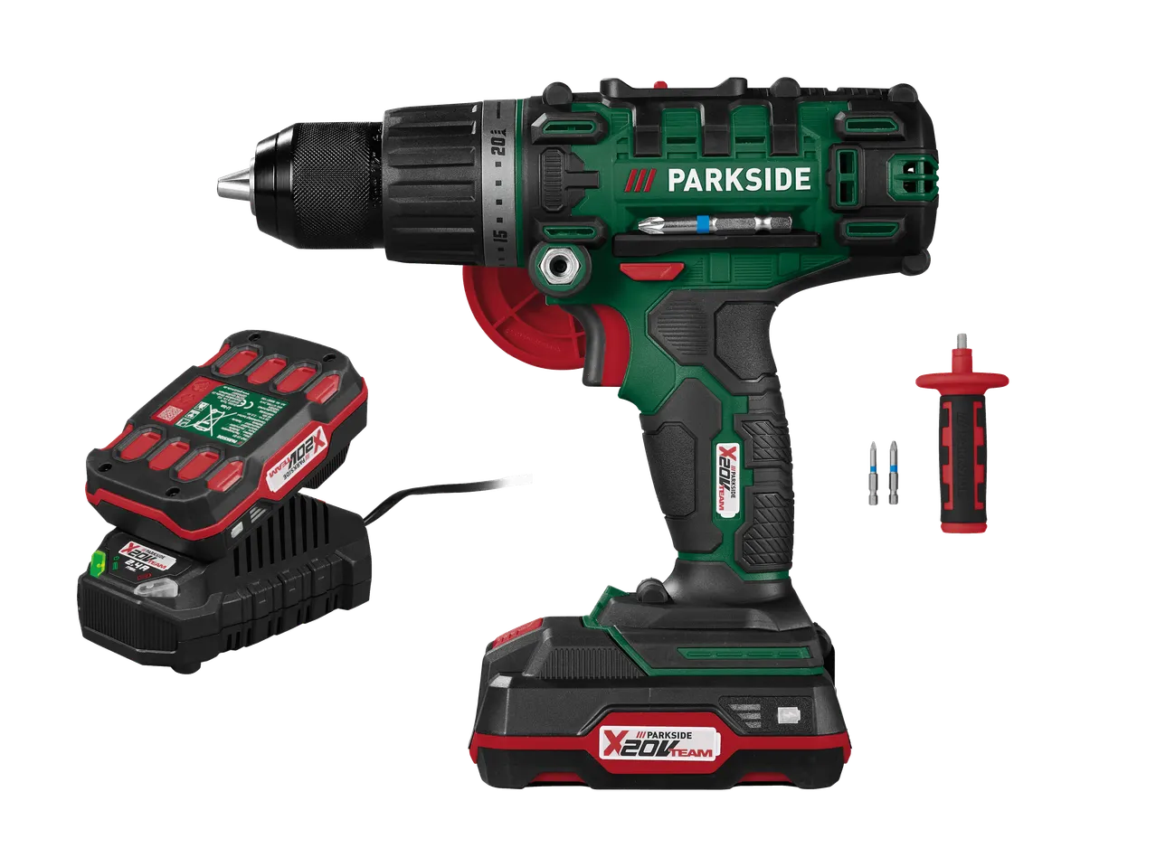 Parkside X20V Team Akku-Bohrschrauber mit Akku und Ladegerät.