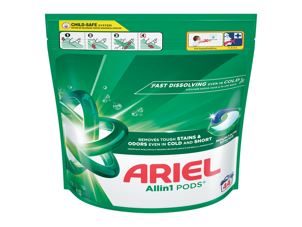 Pachet de capsule de detergent pentru rufe, cu sistem de siguranță pentru copii și 44 de capsule.