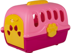Cage de transport rose et jaune en plastique pour animaux avec détails de patte.