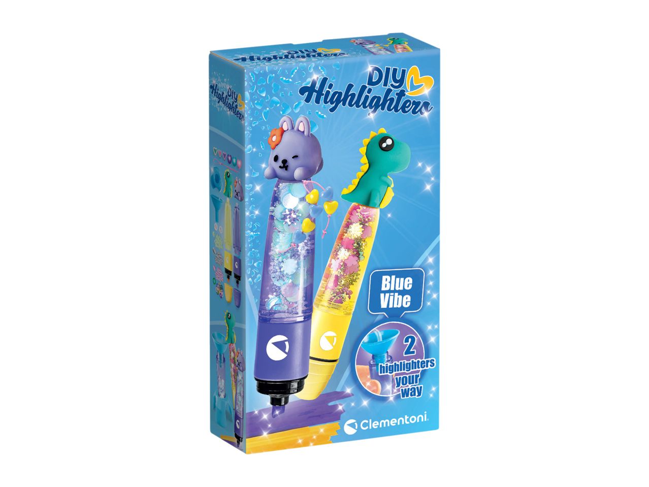 DIY highlighters kit with purple bunny and green dinosaur pens, 'Blue Vibe' theme