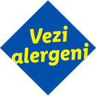 Sigiliu albastru cu text galben „Vezi alergeni”.