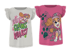 To børne-T-shirts med flæseærmer: en hvid med teksten 'PAWS CLAWS AND ROARS!' og en pink med en hund.