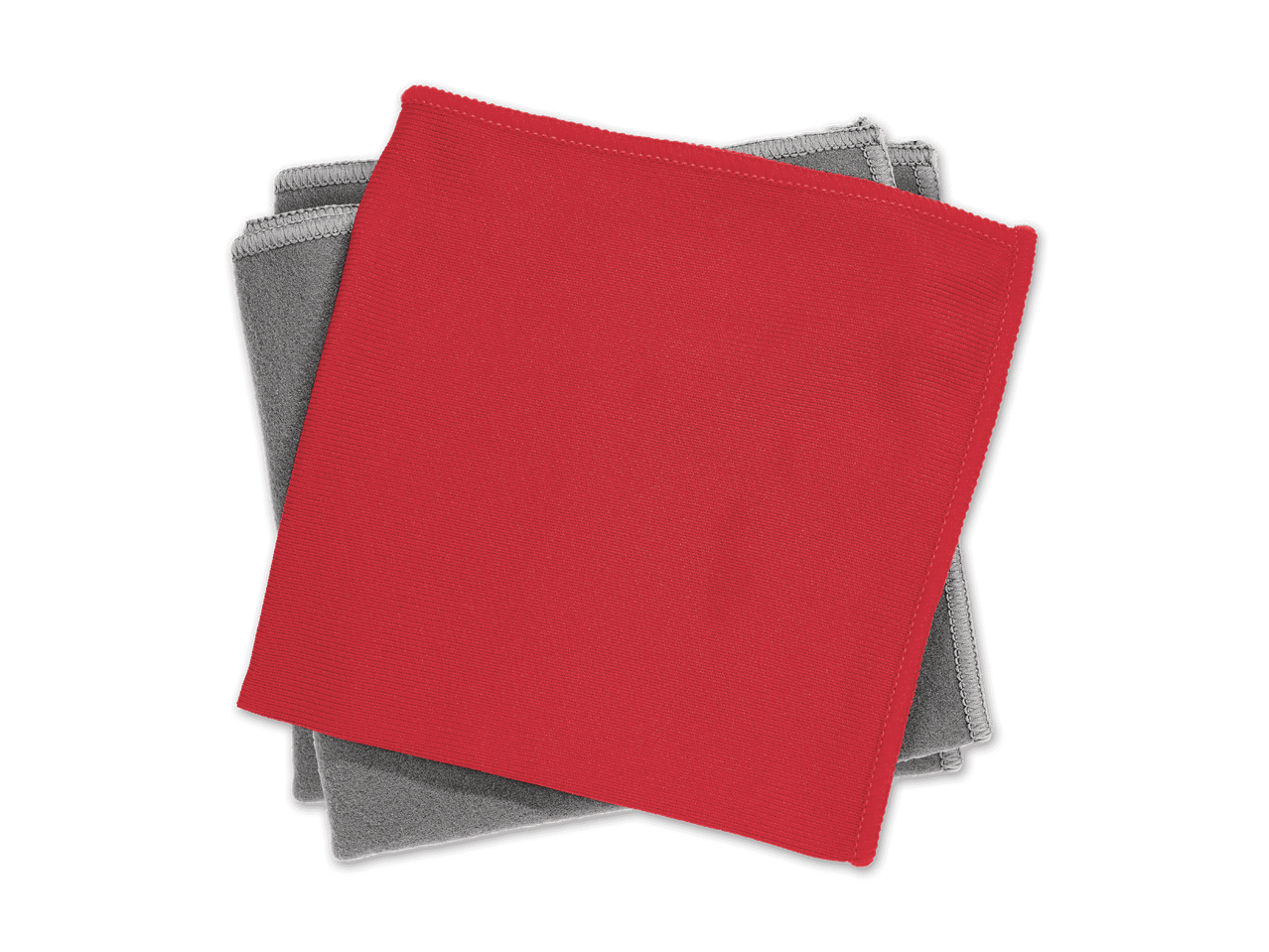 Rotes und graues Mikrofasertuch, übereinander gestapelt.