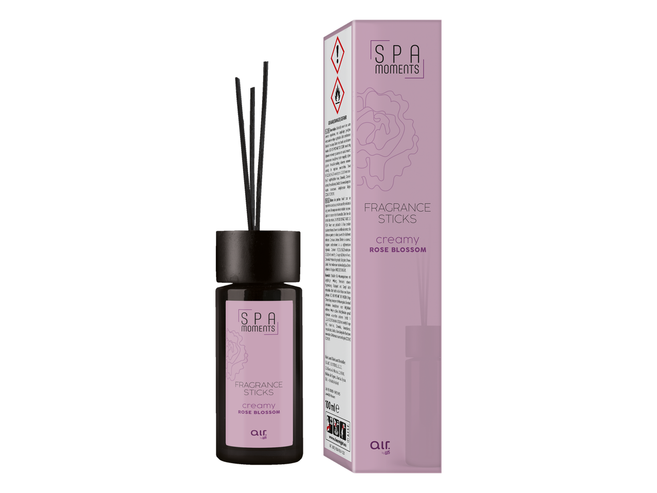 Diffuseur de parfum 'Spa Moments' Creamy Rose Blossom avec bâtonnets et emballage.