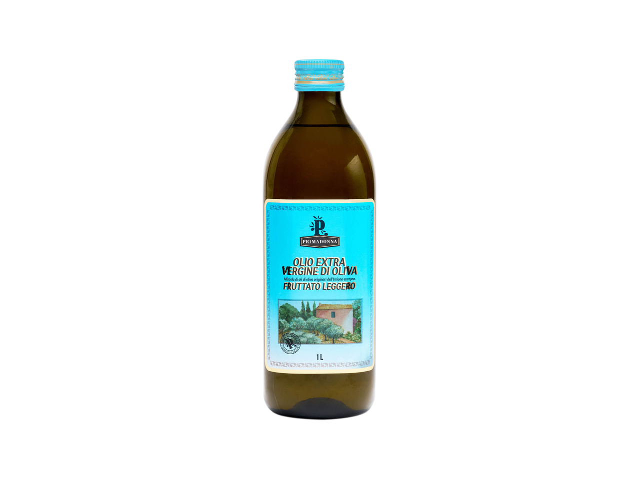 Primadonna Olio Extra Vergine di Oliva, a light fruity olive oil in a 1L bottle.