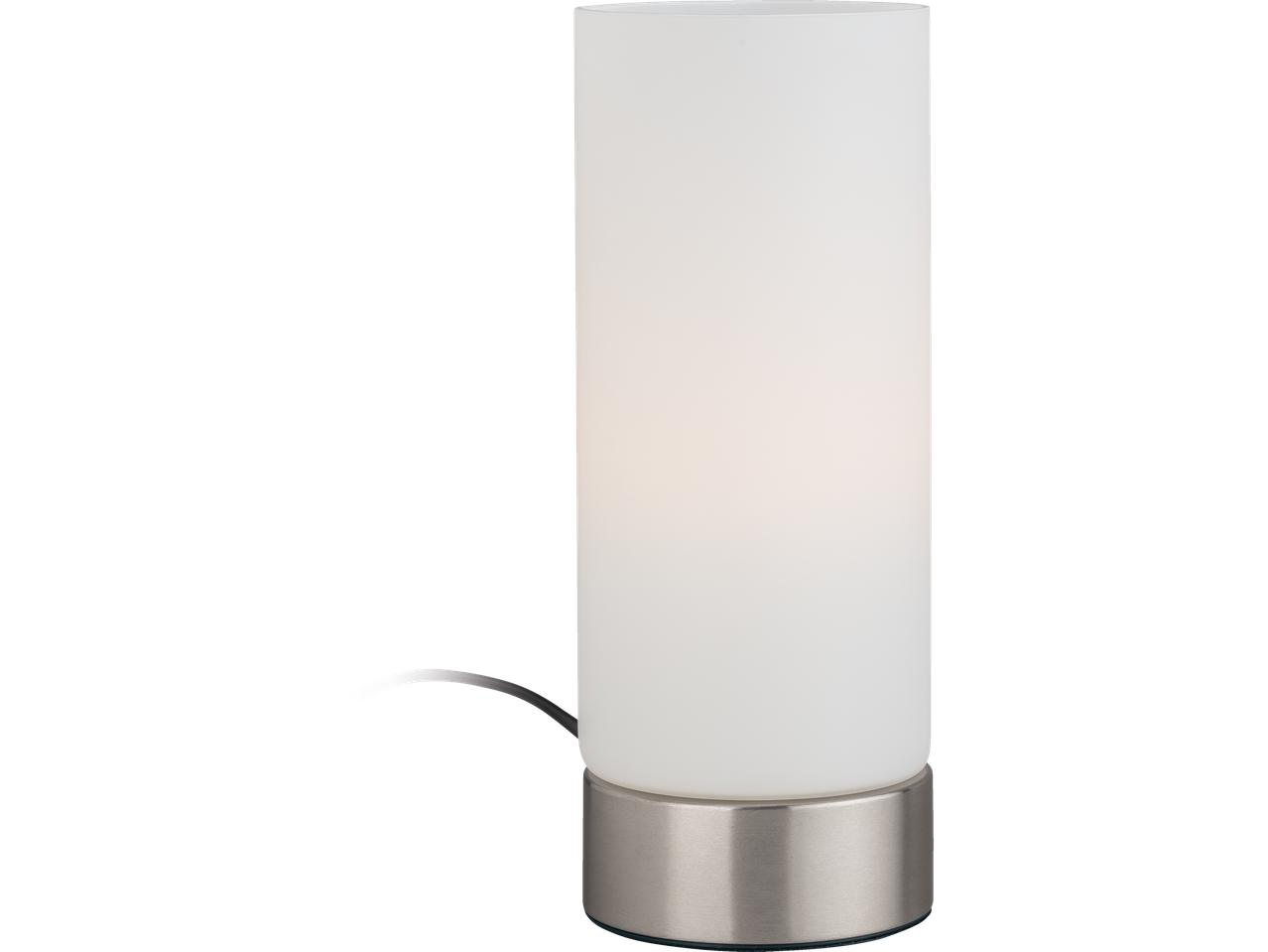 Lampă de masă modernă cu abajur din sticlă opal albă și bază metalică.