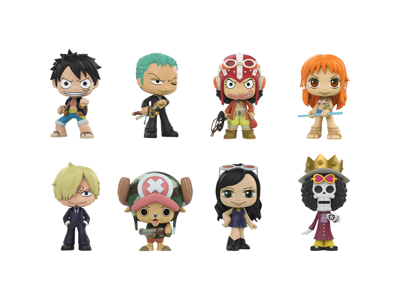 Eight One Piece chibi figurines.