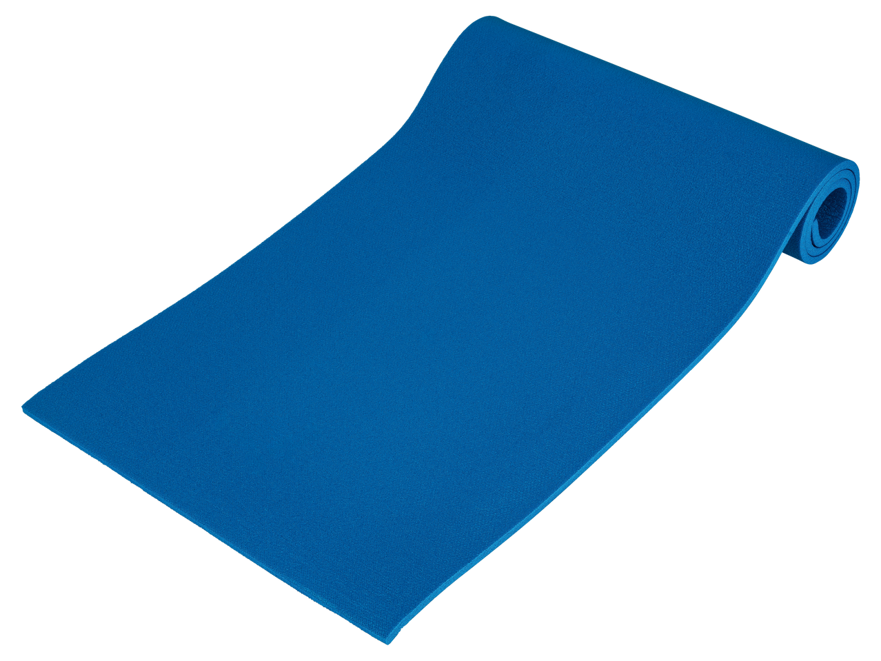 Tapete de ioga azul enrolado.