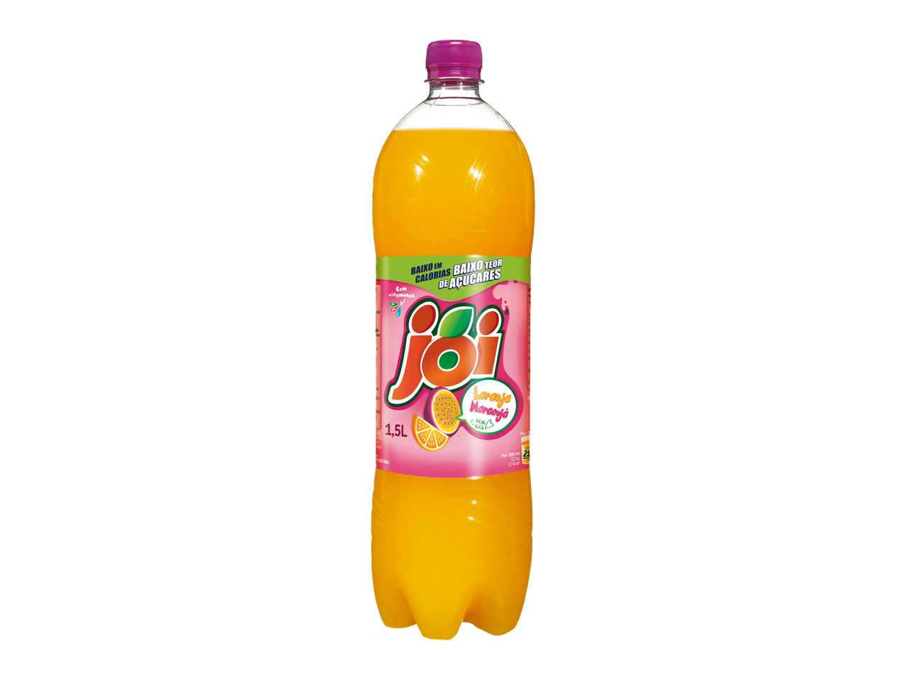 Bebida Joi de laranja e maracujá, baixa em calorias e açúcar, garrafa de 1,5L.