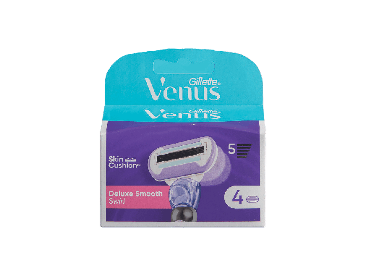Gillette Venus Deluxe Smooth Swirl skustuvo galvučių pakuotė su 4 keičiamomis galvutėmis.