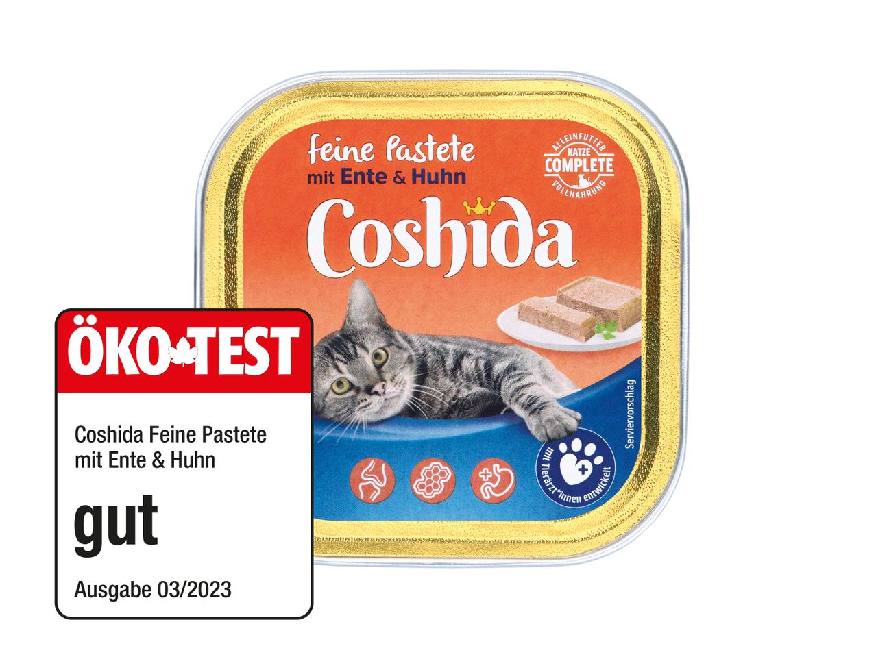 Coshida Katzenfutter in der Dose, ausgezeichnet mit 'gut' im ÖKO-TEST.
