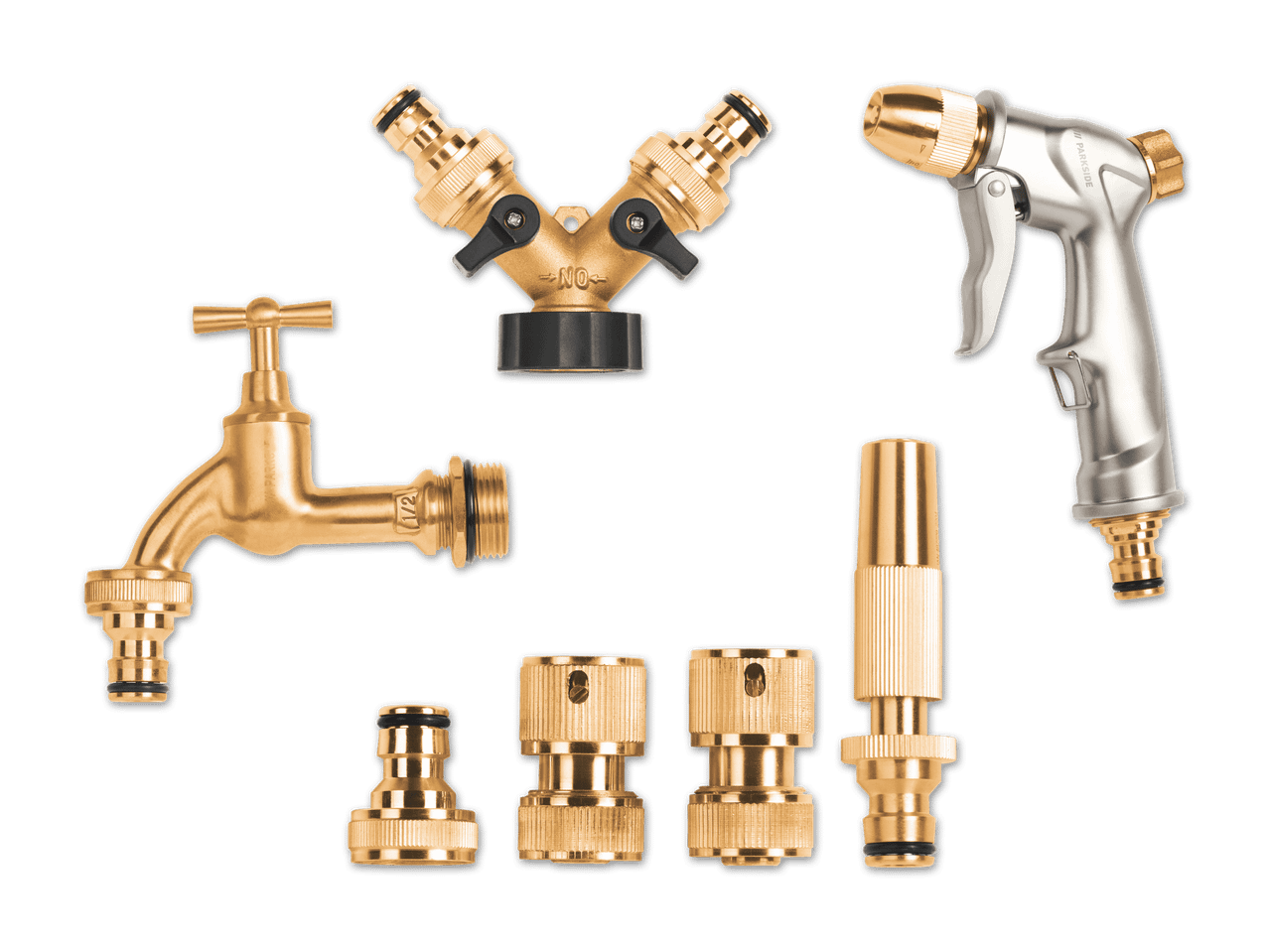 Gartenschlauch-Zubehör aus Messing, darunter ein Wasserhahn, ein Y-Verteiler, eine Spritzpistole und verschiedene Anschlüsse.