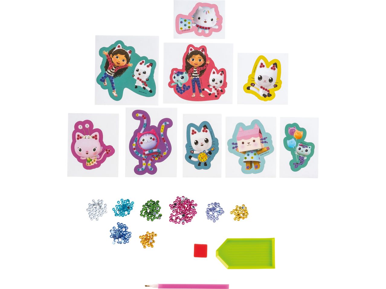 Gabby's Dollhouse diamond painting kit with character stickers, gems, and tools.