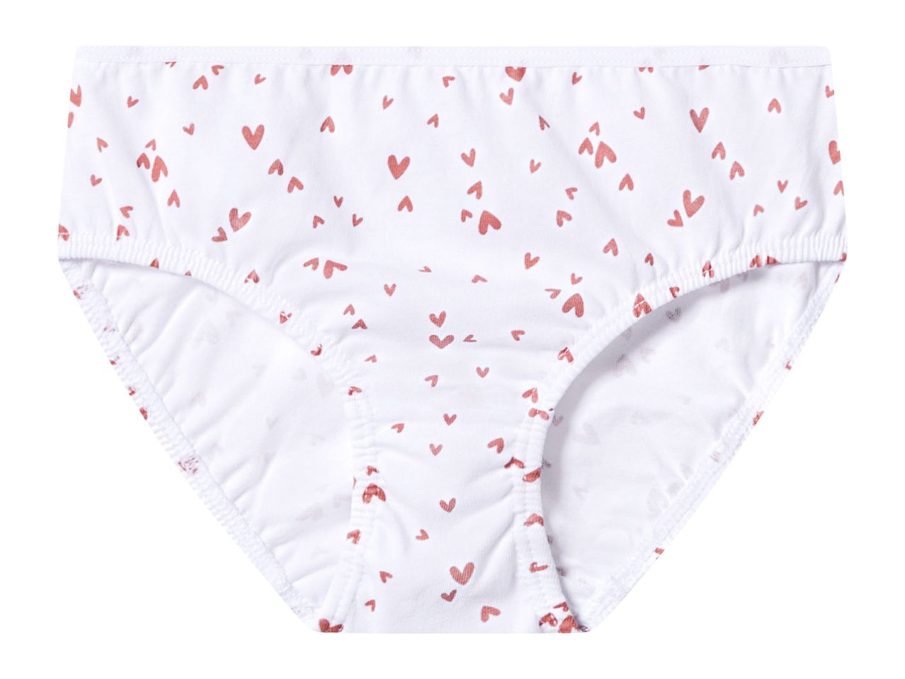 White children's briefs with a red heart pattern.